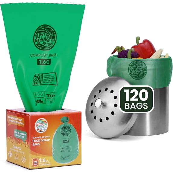 120 Counts 1.6 Gallon (1.6-1.75-2 Gal) Compost bin kitchen Bags, Strong compost bags for countertop bin, Fit 4.5,6,7,8 Liters.ASTM D6400, US BPI and Europe OK compost HOME certified