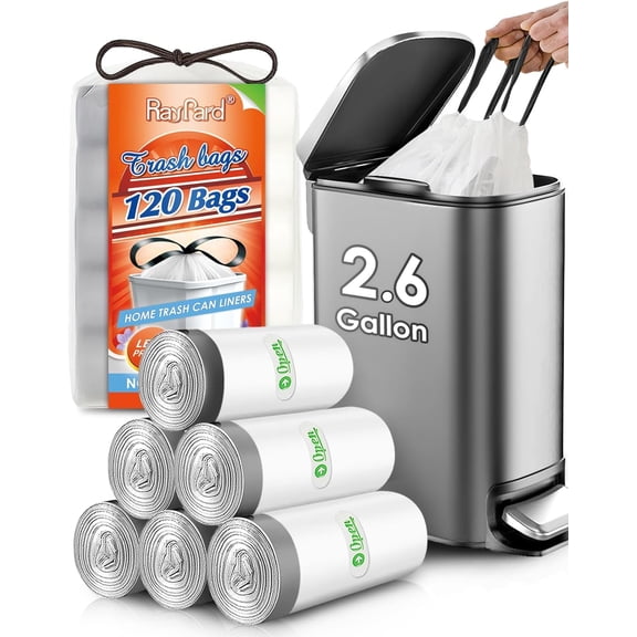 120 Counts 2.6 Gallon Small Drawstring Trash Bags Garbage Bags by Teivio, Strong Plastic Bags fit 7-10 Liter Trash Can for Home Office Kitchen Bathroom Bedroom, White Waste Basket Liners