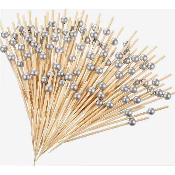 120 Counts Fancy Toothpicks for Appetizers Faux Pearl Charcuterie Cocktail Picks Wooden Decorative Toothpicks Handmade Sticks Long Appetizer Cocktail Sticks for Home Party, Dessert, Fruit (Silver)