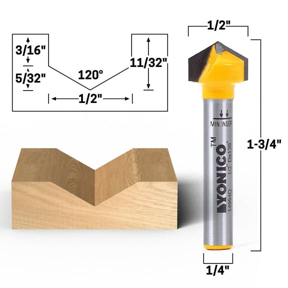 120 Degree X 1/2" Diameter V Groove Router Bit - 1/4" Shank - Yonico 14994q