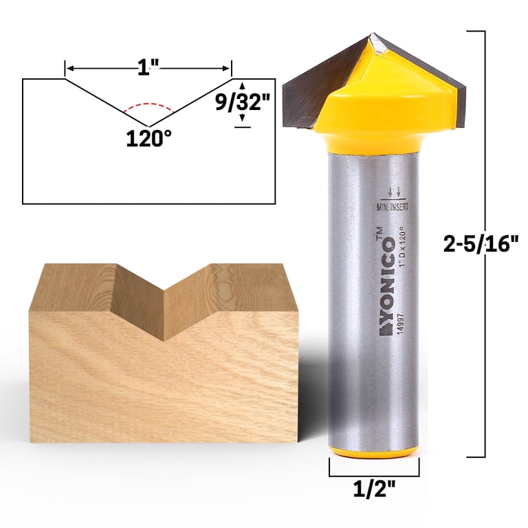 Yonico 14997 Router Bit – 1” Diameter, 120° V-Groove, 1/2” Shank, Carbide Tip