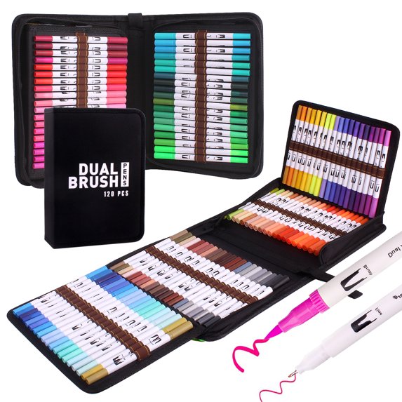 120 Double Brush Tips Watercolor Markers Set (White Pen Holder), Zipper Bag, For Kids, Adults, Artists, Beginners, Coloring Book Watercolor Pens Bullet Journal Drawing