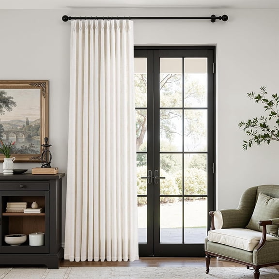 120" Extra Wide Natural Pinch Pleated Linen Curtain for Sliding Glass Door, Single Panel Drape