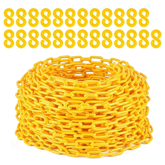 120 FT Plastic Chain Links, Safety Chain with 25 Hooks, Plastic Barrier Chains for Crowd Control, Parking Driveways Queue Lines Construction Sites UV Resistant,Yellow