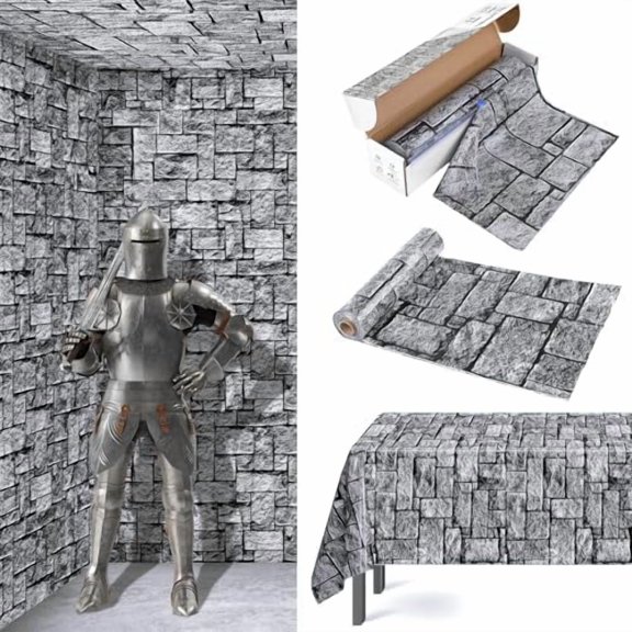 120 Ft X 54 Inch Halloween Stone Wall Tablecloth Roll with Cutter Box Disposable Brick Stone Plastic Table Cover Medieval Brick Wall Backdrops for Castle Knight Theme Parties and Birthdays