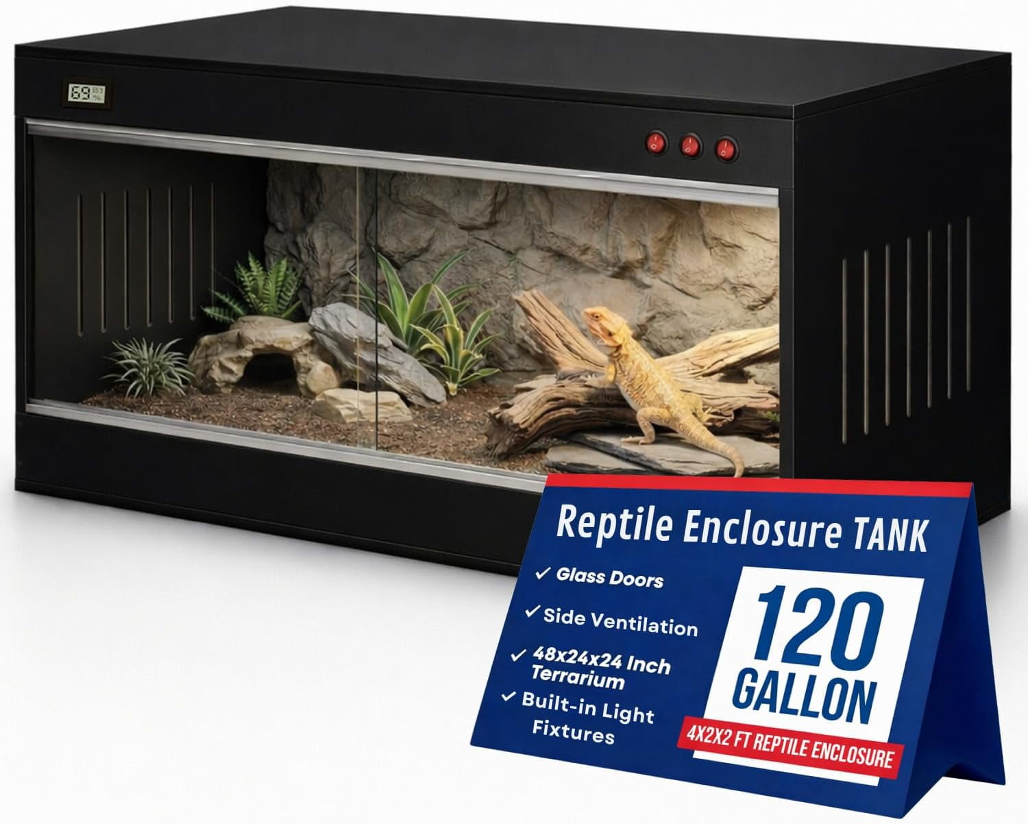 120 Gallon Bearded Dragon Tank - 4x2x2 ft Reptile Enclosure with Sliding Glass Doors and Ventilation 48x24x24 Inch Terrarium for Bearded Dragon, Leopard Gecko, Snakes, Lizards, Tortoise, and Reptiles