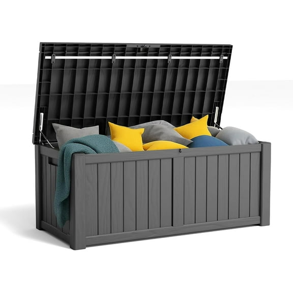 120 Gallon Deck Box, Resin Outdoor Storage Box for Outdoor Pillows, Garden Tools and Pool Supplies, Waterproof, Lockable, Black