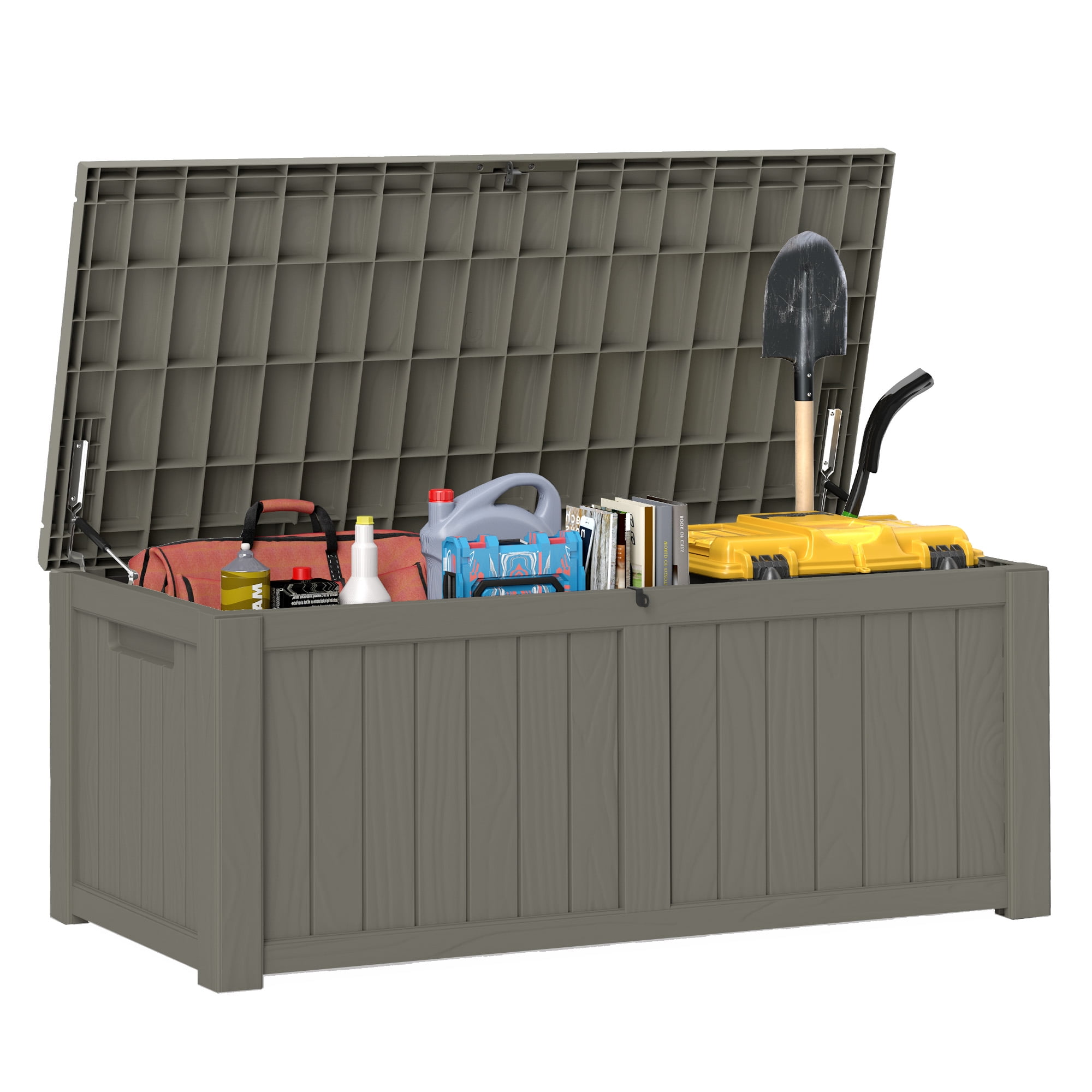 120-Gallon Light Brown Outdoor Storage Box - Weather-Resistant Resin Bin for Toys, Tools, and Blankets with Extra Seating and Easy-Move Handles