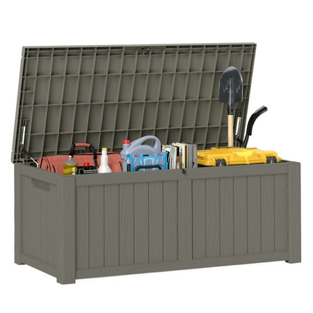 120-Gallon Light Brown Outdoor Storage Box - Weather-Resistant Resin Bin for Toys, Tools, and Blankets with Extra Seating and Easy-Move Handles