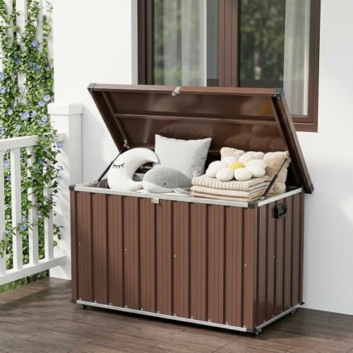 120 Gallon Outdoor Metal Storage Box, Waterproof Steel Deck Box with Lockable Soft-Close Lid, Dual Gas Struts, Wheels, Handles,Brown,49.02"l x 23.62"w x 27.95"h.
