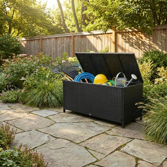 120 Gallon Outdoor Resin Deck Box, Waterproof & Lockable Storage Container, Weather-Resistant Organizer for Backyard Porch Poolside, Black