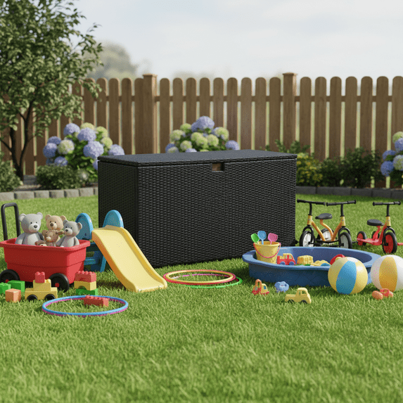 120 Gallon Outdoor Storage Box, Large Wicker Deck Box, Waterproof& Weatherproof, UV-resistant Patio Organizer, Black