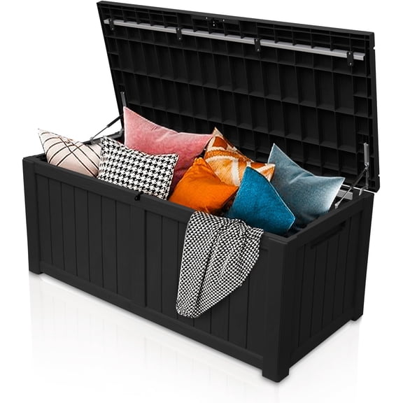 120 Gallon Outdoor Storage Box, Rain Waterproof Resin Deck Box, Lockable Large Storage Container for Patio Furniture, Cushions, Garden Tools, Sports Equipment and Pool Supplies Black