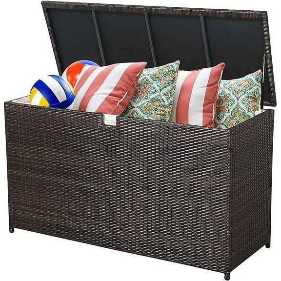 120 Gallon Outdoor Storage Box with Waterproof Inner, Large Wicker Patio Storage Bin, Deck Boxes for Cushions, Garden Tools, Pool Toys, Aluminum Frame, Brown