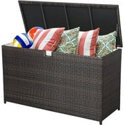 120 Gallon Outdoor Storage Box with Waterproof Inner, Large Wicker Patio Storage Bin, Deck Boxes for Cushions, Garden Tools, Pool Toys, Aluminum Frame, Brown