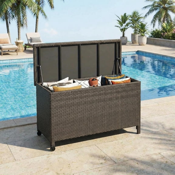 120 Gallon Outdoor Storage Box – Waterproof PE Wicker Rattan Patio Chest with Steel Frame – Extra Large Weather-Resistant Deck Bin for Cushions, Garden Tools, Pool Toys – Gray