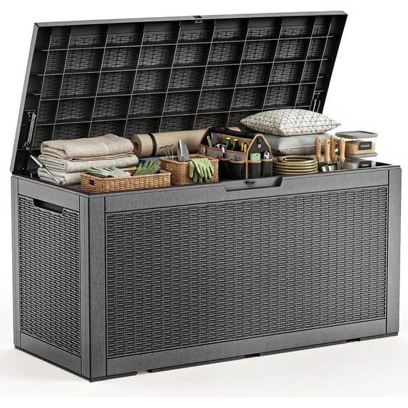 120 Gallon Outdoor Waterproof Resin Storage Deck Box Lockable Outside Bench UV Resistant Bin Patio Porch Furniture Pool Float Garden Tool Cushion Black