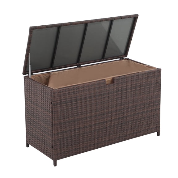 120 Gallon Outdoor Wicker Patio Storage Box,Large Deck Rattan Storage Bin for Classified Storage of Cushions,Garden Tools,Pool Items,Good Sealing,Brown
