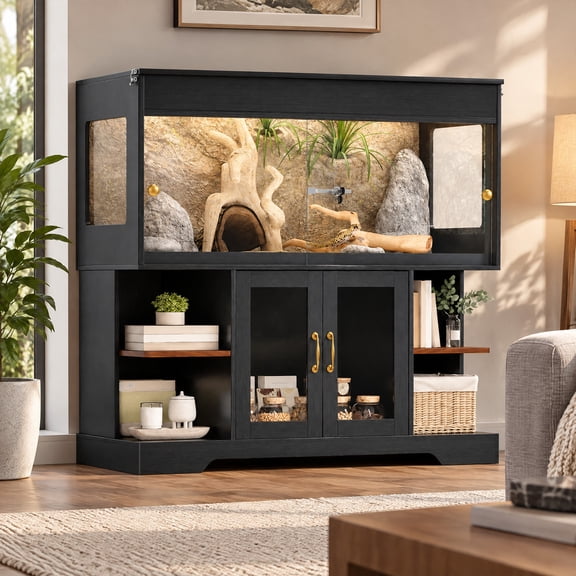 120 Gallon Reptile Terrarium with Stand, Reptile Tank Enclosure w/ Sliding Acrylic Doors, Locking Mesh Top, Built-In Power Outlet, Storage Cabinet & Open Shelves for Bearded Dragons, Snakes, Lizards