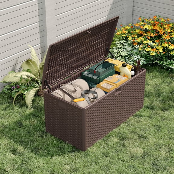 120 Gallon Resin Deck Box with Lockable Lid, Large Lockable Outdoor Storage Container with Hydraulic Rod, 500 LBS Capacity Bench for Garden, Pool & Indoor Use, Ideal for Cushions, Tools, Toys
