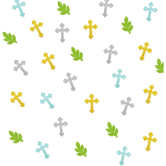 120 God Bless Confetti, Gold Glitter Cross Paper Confetti for First Communion Party, Eucalyptus Leaves Cut Out for Christian Baptism Theme Party Table Decoration