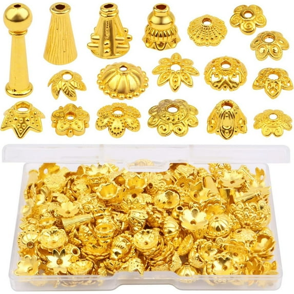 120 Gram Bali Style Bead Caps Flower Cone End Caps Alloy Spacer Beads with a Box for DIY Earrings Necklace Bracelet Jewelry Making, Bright Golden