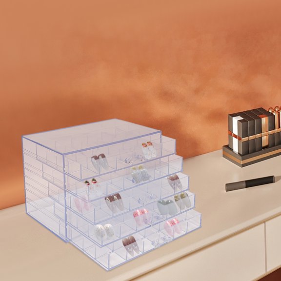 120 Grids Acrylic Nail Art Organizer Box, 5 Drawers Clear Nail Glitter Storage with Removable Trays for Nail Charms, Rhinestones, Tips & Manicure Tools, Dustproof Display Case for Salon & Home