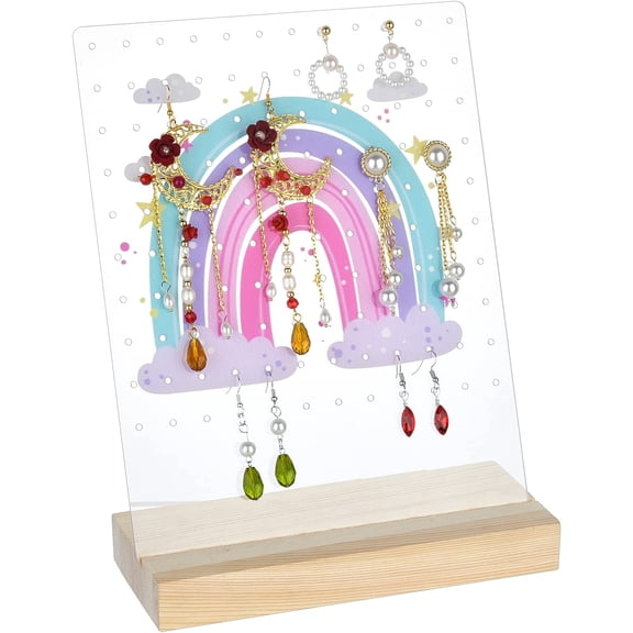 120 Holes Earring Holder Rainbow Earring Display Stands with Wooden Base Acrylic Earring Hanger Board Stud Earring Stand Organizer Jewelry Rack Display 3.1x8x10 Inch Making DIY