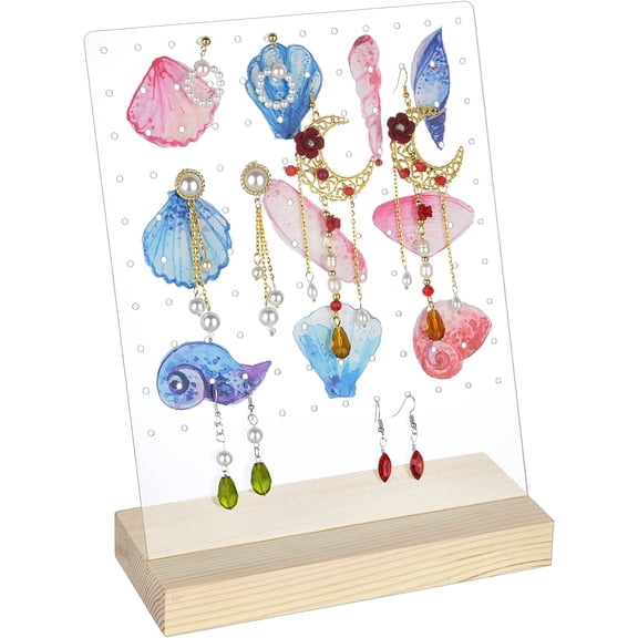 120 Holes Earrings Holder Display Stands Seashell Earring Organizer with Wooden Base Acrylic Earring Hanger Board Stud Earring Jewelry Rack Display