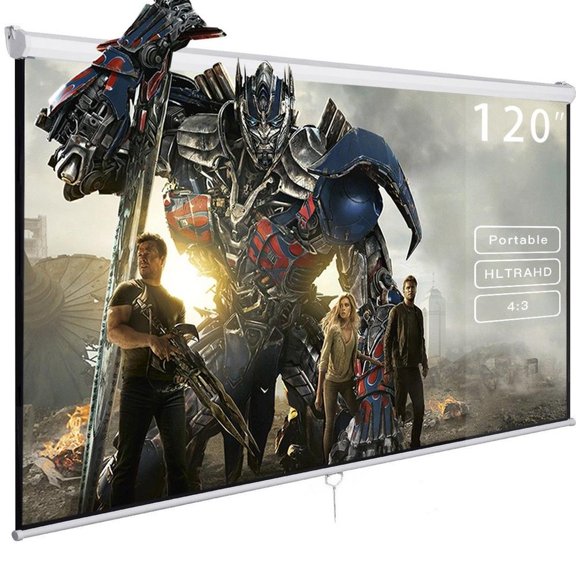 120 Inch 4:3 Manual Pull Down Projector Screen, Matte White, Auto-Lock, Wall or Ceiling Mount