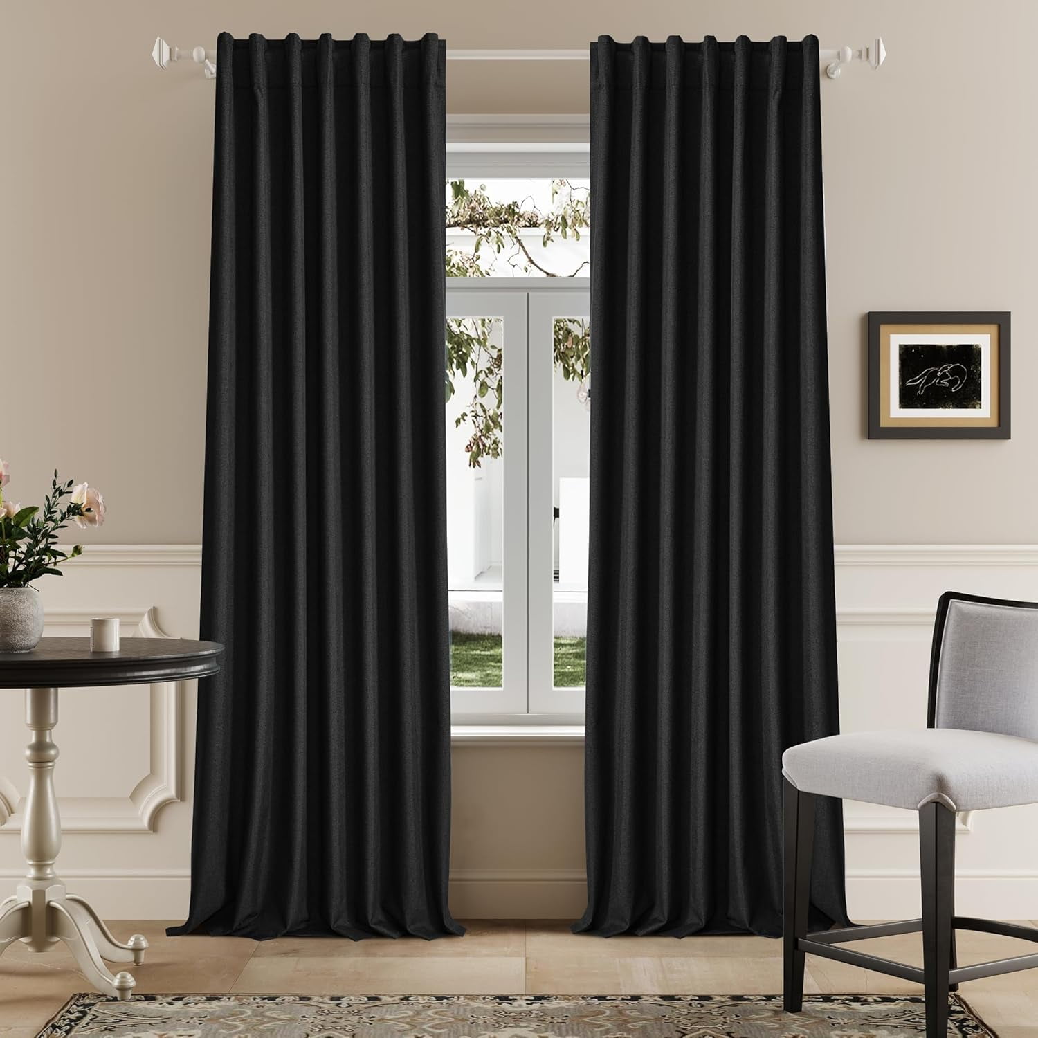 120 Inch Extra Long Linen Black Curtains Floor to Ceiling for Sliding