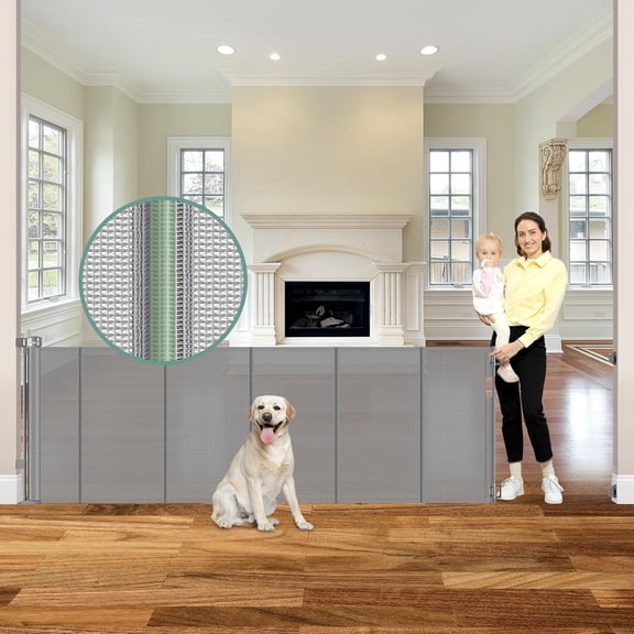120 Inch Extra Wide Retractable Baby Gate with Support Rods, 33” Tall Retractable Pet Gate for Dogs, Indoor/Outdoor 10 Feet Mesh Child Gates for Wide Openings, Extra Wide Dog gate, Gray