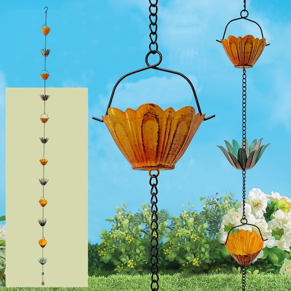 120 Inch Long Decorative  Heavy Duty MetRain Chain, Gutters with 12 Flowers, Adjustable Rain Catcher Chain with Bell for Eaves Drainage Replacement for Downspout, Easy Installation,