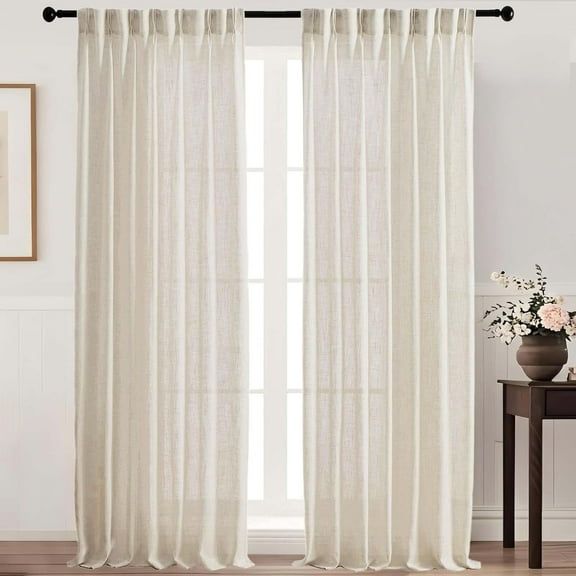 120 Inch Natural Linen Curtains - 2 Panel Semi-Sheer Farmhouse Drapes for Sliding Glass Doors, Light Filtering Textured Window Treatments (40x120 Inches)