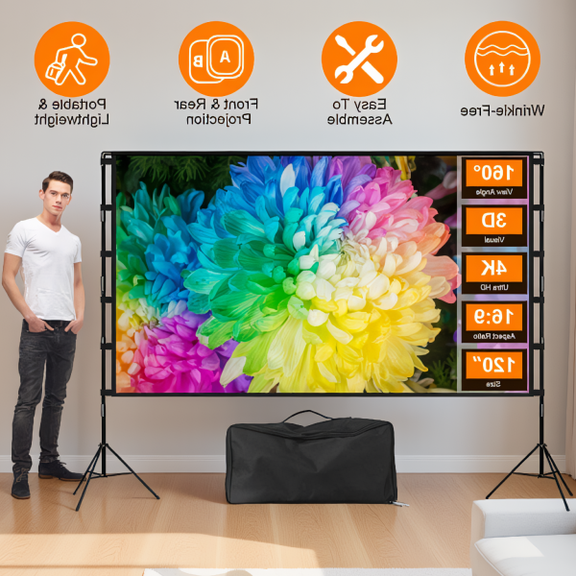 120 Inch Portable Projector Screen with Stand, Foldable Wrinkle-Free 4K HD Movie Screen, 16:9 Aspect Ratio, 160 Wide Viewing Angle, Indoor Outdoor Use, Includes Carrying Bag