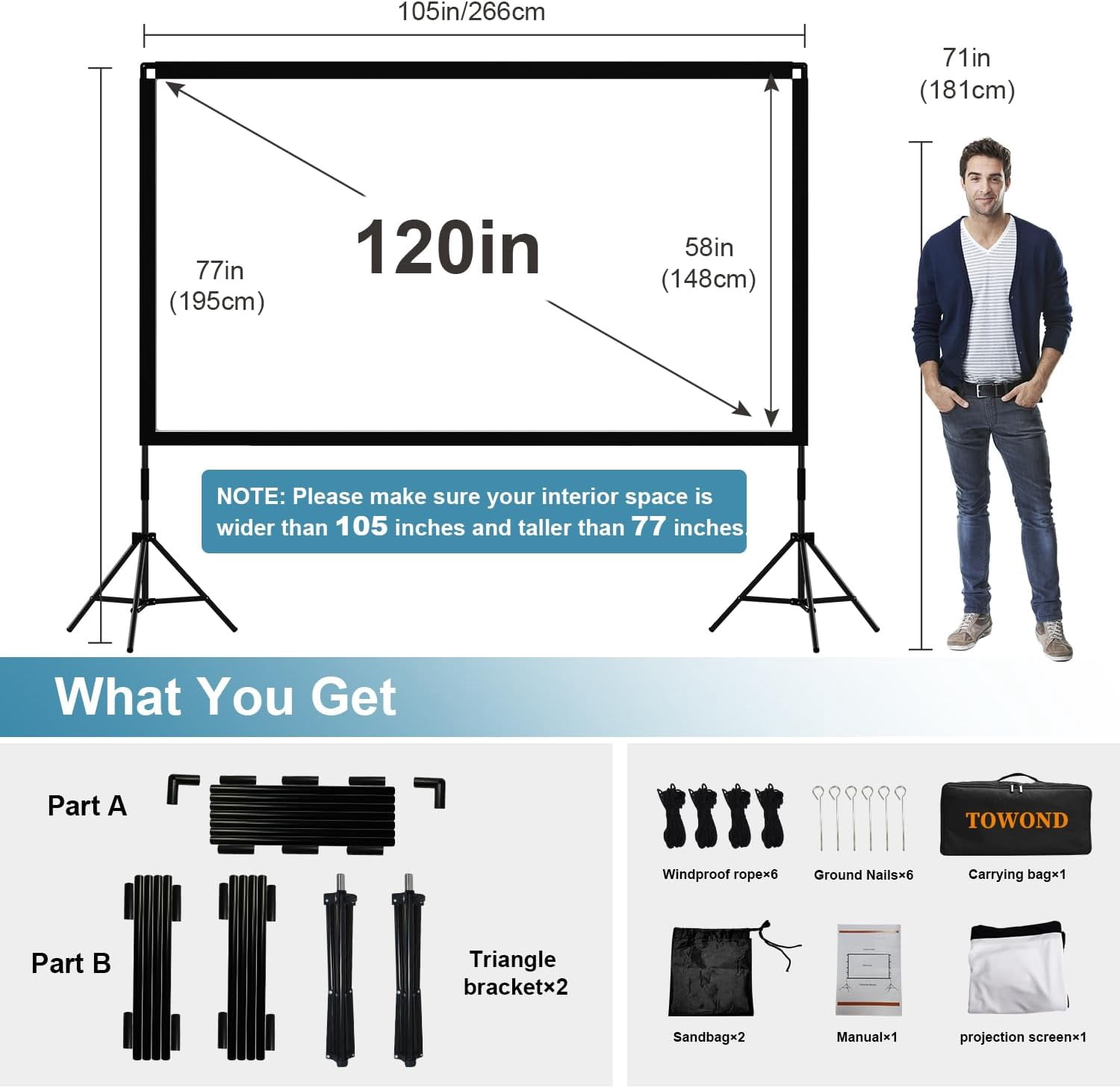 120 Inch Projector Screen with Stand, Portable Movie Screen Indoor ...