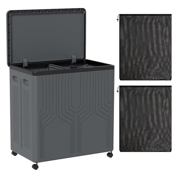 120 L Collapsible 2 Section Laundry Hamper, Plastic Rolling Laundry Basket 2 Section with Lid, Gray