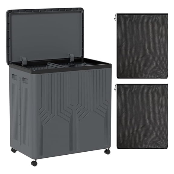 120 L Collapsible 2 Section Laundry Hamper, Plastic Rolling Laundry Basket 2 Section with Lid, Gray