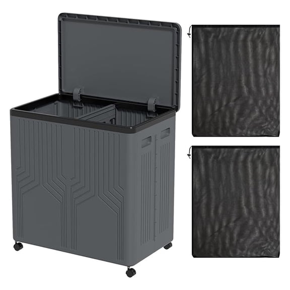 120 L Large Double Laundry Hamper with Lid and Wheels, 2 Section Plastic Laundry Basket with Wheels, Foldable Rolling Clothes Basket for Bathroom Bedroom, Gray