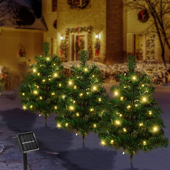 120 LED Artificial Prelit Christmas Tree, Solar Small Christmas Trees for Outdoor Decorations, Solar Powered Mini Xmas Tree with Lights for Outside Pathway Porch Yard Christmas Decor