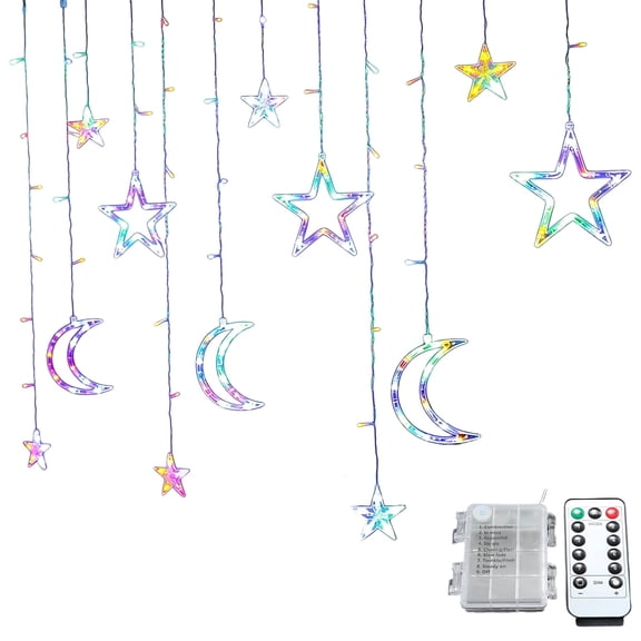 120 LED Star Moon Curtain String Light, 11.5 ft / 3.5 m USB Powered Dimmable Fairy String Light with Remote, Multicolor Window Icicle Light for Holiday, Christmas, Home, Wedding, Party Decor