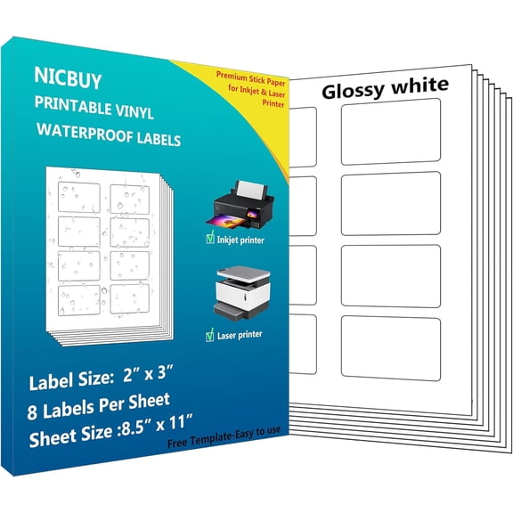 120 Labels 3x2 inch Bottle Labels Printable Glossy White Waterproof Vinyl Sticker Label for Inkjet or Laser Printer