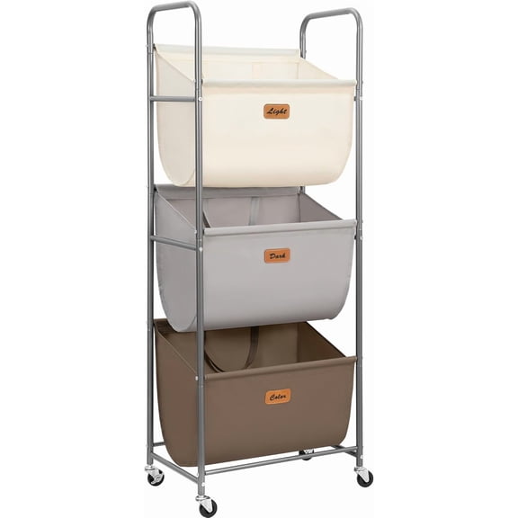 120 Liters Vertical Rolling Laundry Hamper, 3 Section Laundry Sorter with Wheels and 2 Breaks, 3-tier Laundry Baskets for Small Space, Dorm, Laundry Room, Closet, Multicolored 3-tier