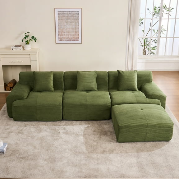 120"Modern L Shaped Modular Sectional Sofa, Boneless Cloud Couch with Ottoman, Oversized Corduroy Couch Deep Seat, 30D Sponge for Indoor Living Room, No Assembly Required(Green)