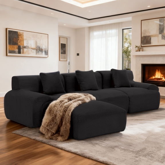120" Modular Boneless Couch Cloud Couch Sectional Couches for Living Room with Ottoman, Modern L-Shaped Modular Sectional Sofa with Deep Seat, Corduroy 3-Seater Sleeper Sofas for Living Room (Black)