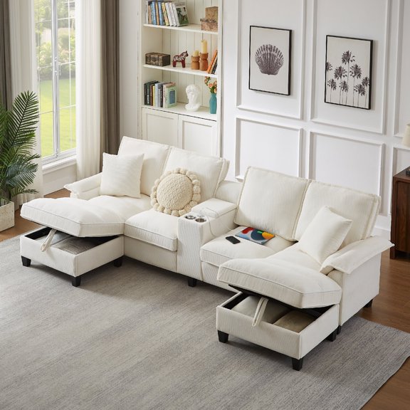 120" Modular Corduroy Sectional Sofa Bed with Charging Station and Storage, 4-Seater Modern U-Shaped Design Sofa with Featuring Cup Holders for Living Room, Apartment, Lounge, Office, Beige