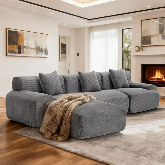 120" Modular Sectional Cloud Boneless Couch with Ottoman, L-Shaped 3-Seater Modern Modular Sofa Bed with Deep Seat, Upholstered Sectional Couches for Living Room,No Assembly Required (Grey)