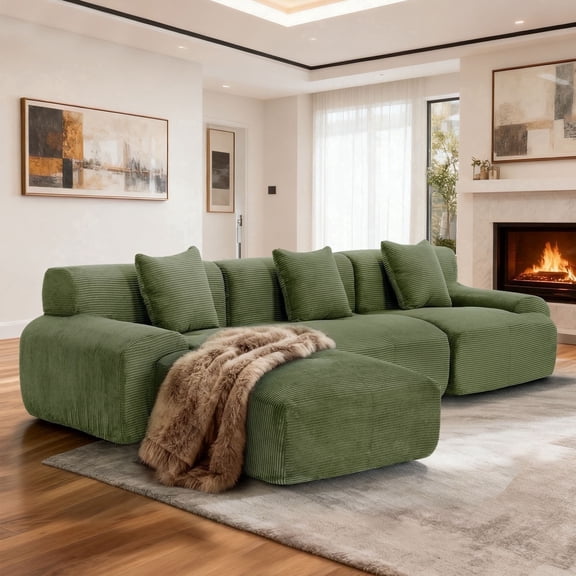 120" Modular Sectional Cloud Boneless Couch with Ottoman, L-Shaped 3-Seater Modern Modular Sofa Bed with Deep Seat, Upholstered Sectional Couches for Living Room，No Assembly Required(Green)