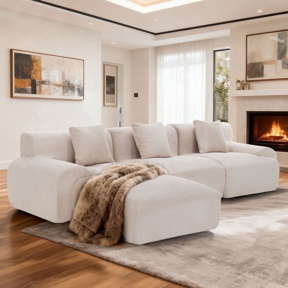 120" Modular Sectional Cloud Boneless Couch with Ottoman, L-Shaped 3-Seater Modern Modular Sofa Bed with Deep Seat, Upholstered Sectional Couches for Living Room,No Assembly Required (Beige)