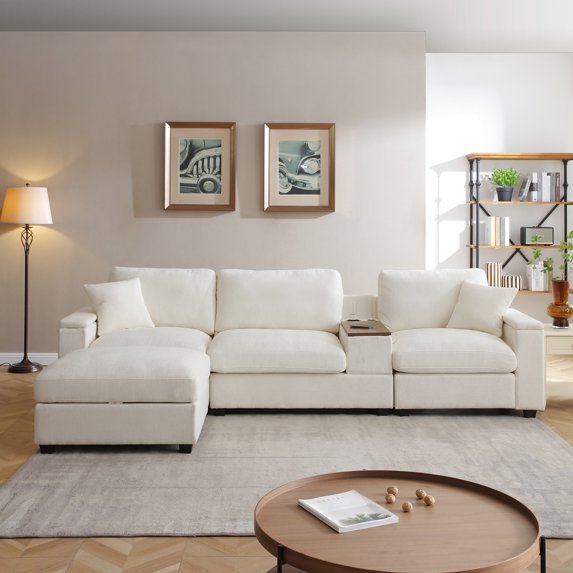 120" Modular Sectional Sofa with Charging and Cup Holders, L-Shaped Cloud Couch with 360° Swivel Tray, Drop Down Table and Storage Ottoman, Beige